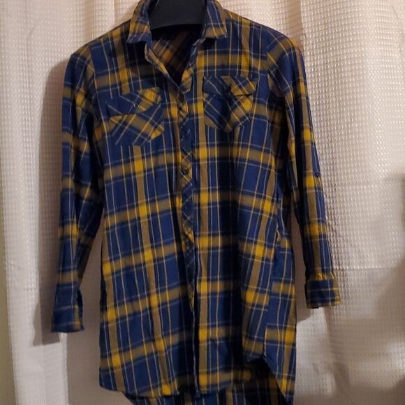 LOVE TREE PLAID LONG SLEEVE SHIRT BLUE YELLOW L - Picture 1 of 8